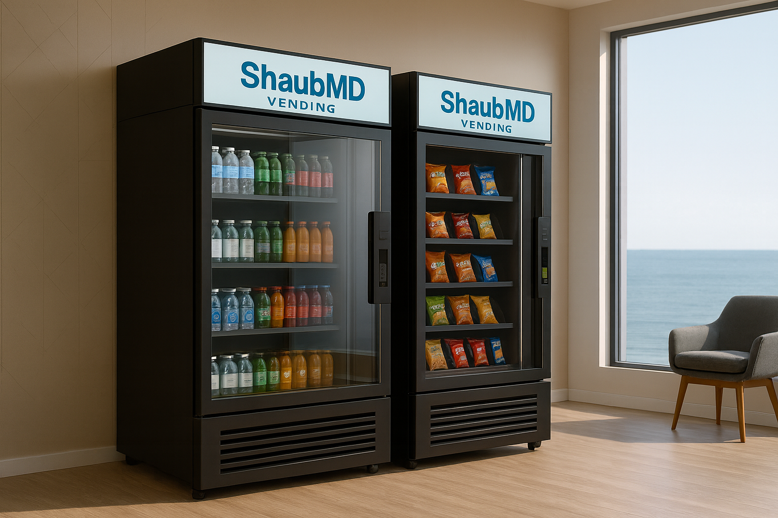 Two sleek AI vending machines in a peaceful interior overlooking the ocean