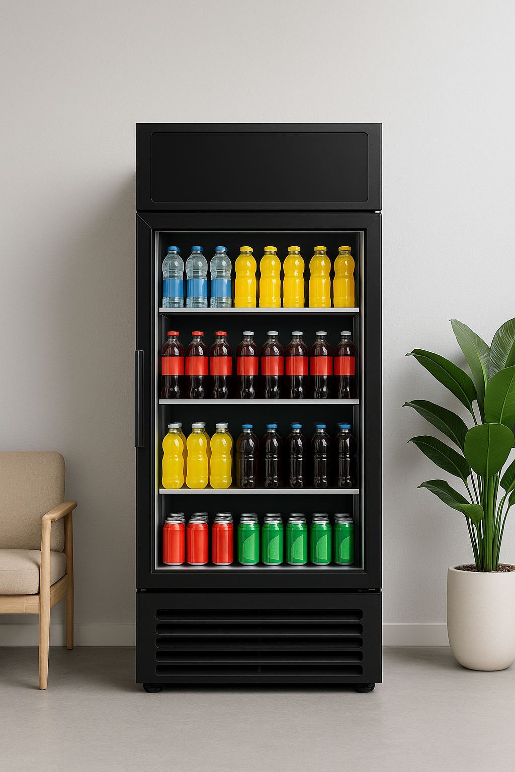 Smart fridge unit stocked with chilled beverages and fresh food